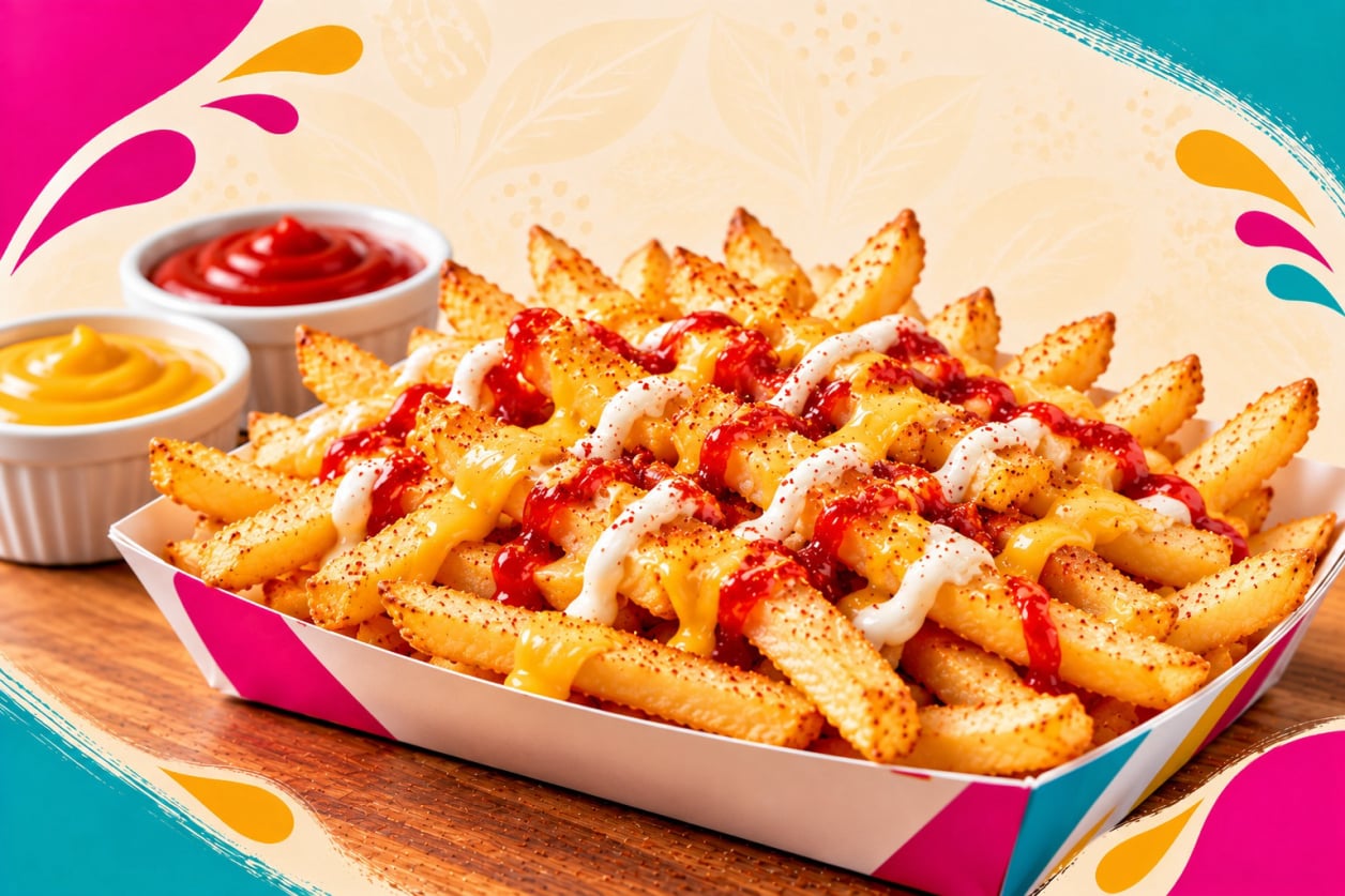 Papas a la francesa crujientes con aderezos y toppings