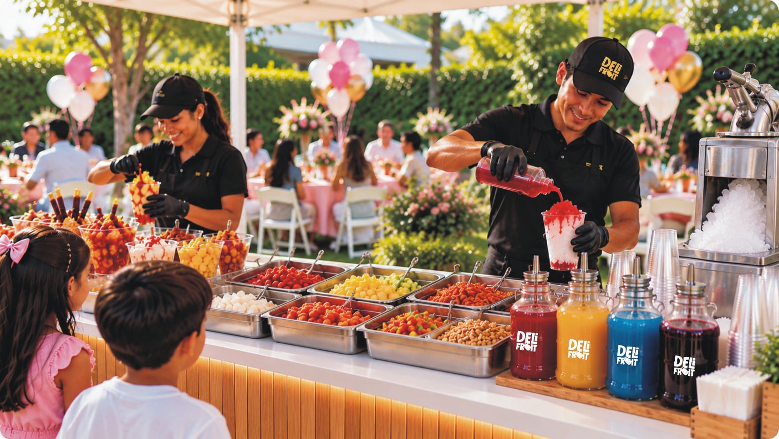 Mesa de postres, botanas y bebidas para fiestas y celebraciones
